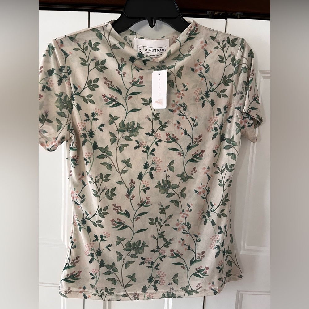 NWT Cream Short Sleeve Tee with Green Floral Print